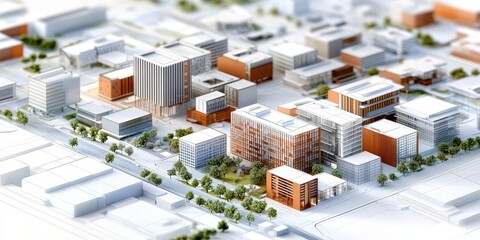 Poster - A detailed architectural model showcasing various buildings, green spaces, and urban planning in a miniature city layout, Sustainable Living.