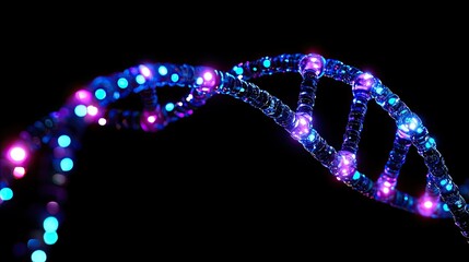 Poster - Abstract 3D DNA strand with bright neon blue and purple lights, symbolizing biotechnology research.