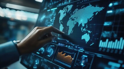 Poster - Business executive controlling a futuristic 3D interface with world maps, graphs, and AI icons.