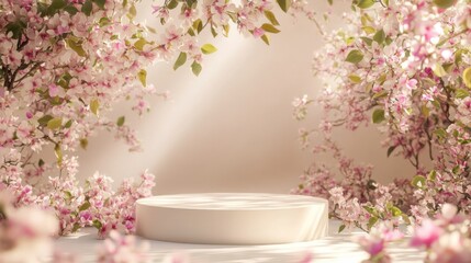 Poster - Blossom-filled setting features a circular platform surrounded by delicate pink flowers and soft sunlight in a serene atmosphere