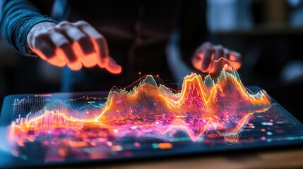 Poster - Corporate professional navigating a transparent digital display with financial and global analytics.