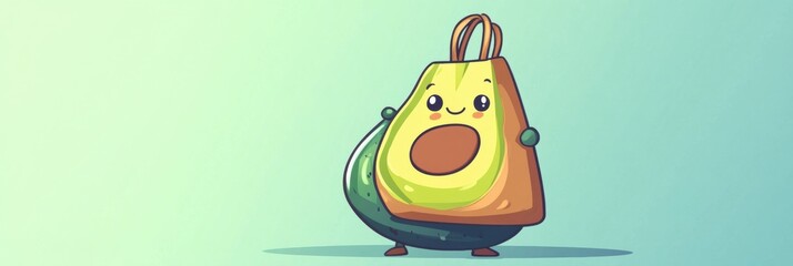 Poster - Humorous cartoon avocado joyfully carrying a large grocery bag against a playful pastel background while shopping for groceries Generative AI
