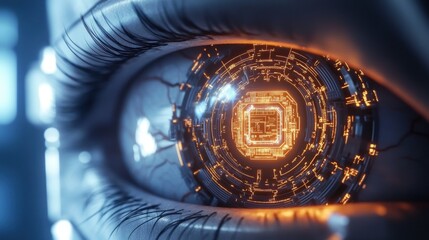 Poster - Close-up of an artistic eye featu a luminous circuit board design within the iris, merging nature with technology in a visually striking manner