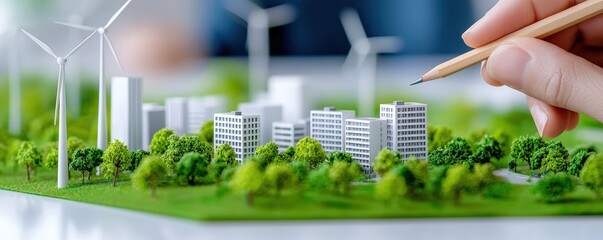 Poster - A miniature model of a sustainable city featuring wind turbines, greenery, and modern buildings, being meticulously crafted by a hand holding a pencil, Sustainable Living.