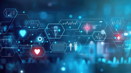 Poster - Innovative healthcare concept with floating medical icons and heartbeat visuals.