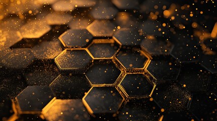 Poster - Science and technology-inspired hexagonal honeycomb design with digital particles floating in space.