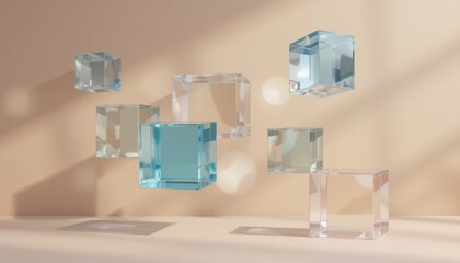 Poster - Floating crystal cubes minimalist studio setting 3d render soft lighting abstract art concept