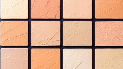 Poster - A grid of textured tiles in various shades of peach, beige, and cream, showcasing different finishes and colors for interior design inspiration, Sustainable Living.