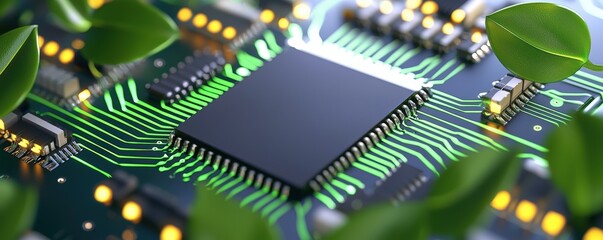 Poster - A close-up of a circuit board surrounded by green leaves, symbolizing the intersection of technology and nature, Sustainable Living.