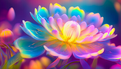 Poster - Bright and colorful flower displaying vibrant hues in a serene garden setting during the warm afternoon light