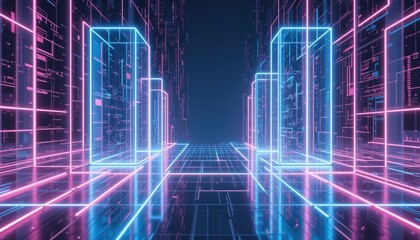 Poster - Futuristic digital landscape virtual reality space 3d rendering neon colors sci-fi environment perspective view of technology concept