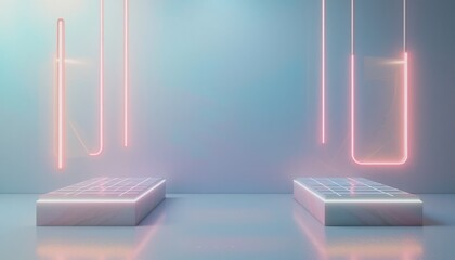 Poster - Dynamic neon light display modern studio digital art futuristic environment eye-level view creative concept for enhanced visual experience