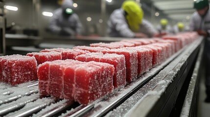 Poster - Workers are processing frozen perishable items in a climate controlled cold storage area, ensuring proper inventory management and refrigeration for distribution.