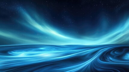 Poster - Serene ocean waves under a starry night sky with vibrant auroras illuminating the horizon