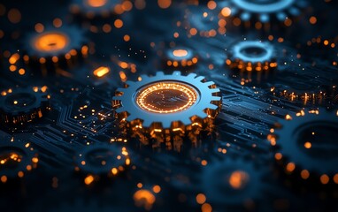 Poster - A visually stunning image of gears interwoven with digital circuitry, symbolizing the optimization of business processes through technology, futuristic design, highresolution 8K