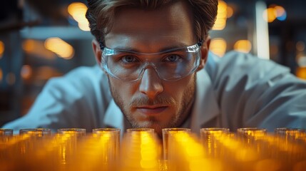 Poster - A laboratory technician examines a row of test tubes filled with orange liquid. The workspace is well lit, showcasing state of the art equipment dedicated to sustainability and recycling efforts.