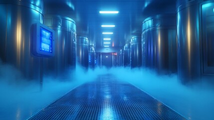Poster - A highly advanced cold storage facility features various refrigeration units designed for inventory management of perishable items and pharmaceuticals. The environment is tightly controlled.