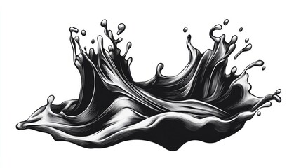 Poster - Abstract black liquid splash with dynamic waves and droplets, creating a striking visual effect for artistic use