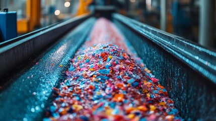 Aufkleber - A conveyor belt carries vibrant shredded materials ready for recycling in an advanced logistics facility that emphasizes sustainability and waste reduction practices.