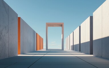 Poster - Abstract architectural rendering featuring a pathway lined with light gray and burnt orange concrete blocks leading to a large rectangular opening against a bright sky. 