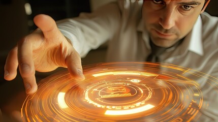 Poster - A businessman touching a holographic interface with a rocket launch icon, representing a new startup venture.