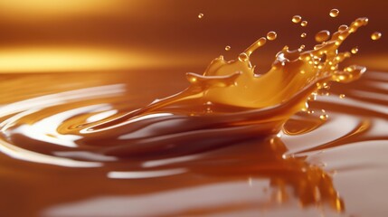 Poster - Close-up of golden liquid splash creating ripples on a smooth surface, illuminated by warm light in the background