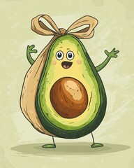 Poster - Humorous cartoon avocado joyfully carrying a large grocery bag in a playful pastel setting with exaggerated proportions and cheerful expression Generative AI