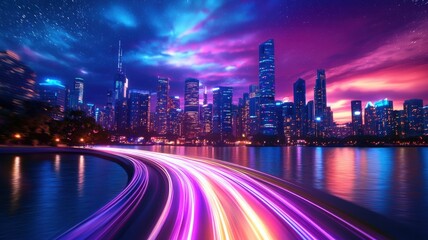 Poster - Colorful light trails Speed curving along a highway, illuminated leading towards a vibrant, waterfront cityscape against a dramatic twilight sky