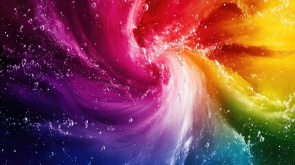 Poster - Vibrant swirling colors of rainbow hues merge with splashes of water, creating a dynamic abstract background