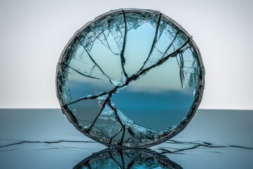 Poster - Shattered glass reflecting calm waters under soft daylight