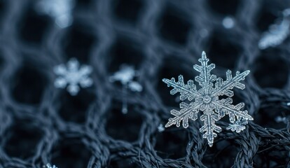 Close-up of delicate snowflake on a woven dark blue texture background.