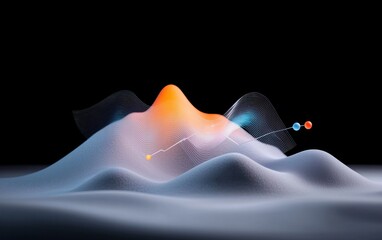 Poster - Abstract 3D rendering of a glowing orange peak surrounded by white textured hills and blue data streams against a black background. The image evokes a sense of technological advancement and natural