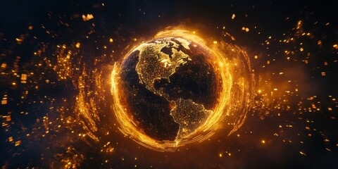 Fototapete - Visual representation of a glowing Earth surrounded by bright particles in space at night