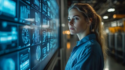 Poster - A logistics expert analyzes digital inventory displays in a state of the art cold storage facility. The environment is designed for optimal climate control of perishable goods.