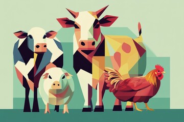 Aufkleber - Minimalist geometric illustration of cows, pigs, and chickens in vibrant colors showcasing modern design Generative AI