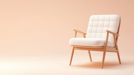 Poster - A modern, minimalist armchair with a wooden frame and soft, quilted upholstery against a soft peach background, Sustainable Living.