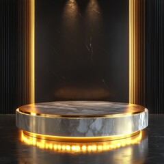 Poster - Elegant Marble Podium with Golden Accents and Dark Backdrop for Product Showcase or Presentation