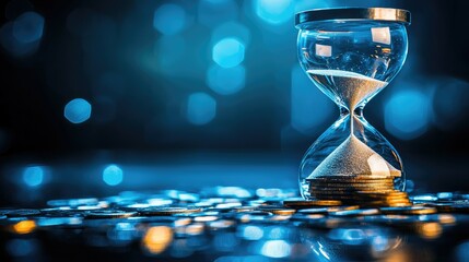 Poster - A creative financial visualization featuring an hourglass with metallic coins instead of sand, emphasizing time monetary value.