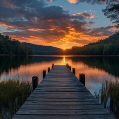 Poster - Golden Hour Serenity: A Tranquil Lakeside Pier at Sunset, Surrounded by Lush Trees and a Colorful Sky Reflection