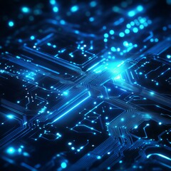 Leinwandbilder - Illuminated Circuit Board: A Futuristic View of Digital Technology with Bright Blue Lights Highlighting Interconnected Pathways