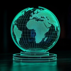 Poster - Illuminated Teal World Globe with Detailed Continents and Grid Lines on a Dark Background, Emitting a Soft, Modern Glow.