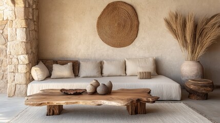 Poster - Modern minimalist living room with natural elements, featuring a wooden table, cozy seating, and decorative plants