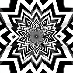 Poster - monochromatic starburst: an abstract geometric pattern of black and white zigzag lines creating a hy
