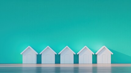Poster - A minimalist display of white houses against a vibrant teal wall, showcasing a modern and clean aesthetic, Sustainable Living.