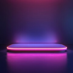 Poster - Neon Illuminated Platform: Modern Minimalist Product Display with Vibrant Pink and Purple Glowing Edge and Reflective Surface.