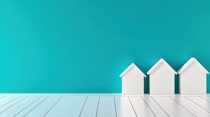 Poster - A serene interior scene featuring three white house-shaped decorations against a vibrant turquoise wall, creating a modern and stylish atmosphere, Sustainable Living.