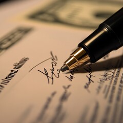 Poster - Signing on the Dotted Line: A Close-Up of a Pen Signing a Contract with Money in Background.