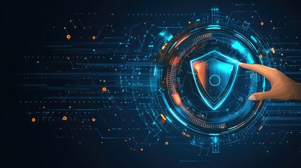 Poster - A digital interface with cyber defense graphics, penetration test data, and a hand reaching toward security elements.