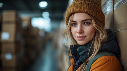 Poster - A logistics worker is standing in a warehouse surrounded by stacks of boxes. She is focused and dressed warmly, reflecting an industrious atmosphere dedicated to efficient inventory management.