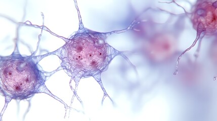 Poster - Microscopic view of neurons in soft pink and blue tones showing neural connections and synapses. Medical science visualization for educational and research purposes.